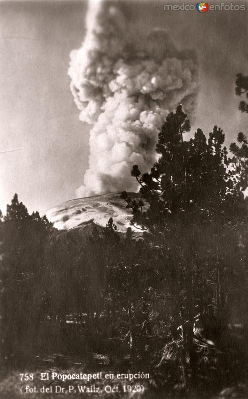 El Popocatépetl en erupción (foto del Dr. P. Waitz, Oct. 1920)