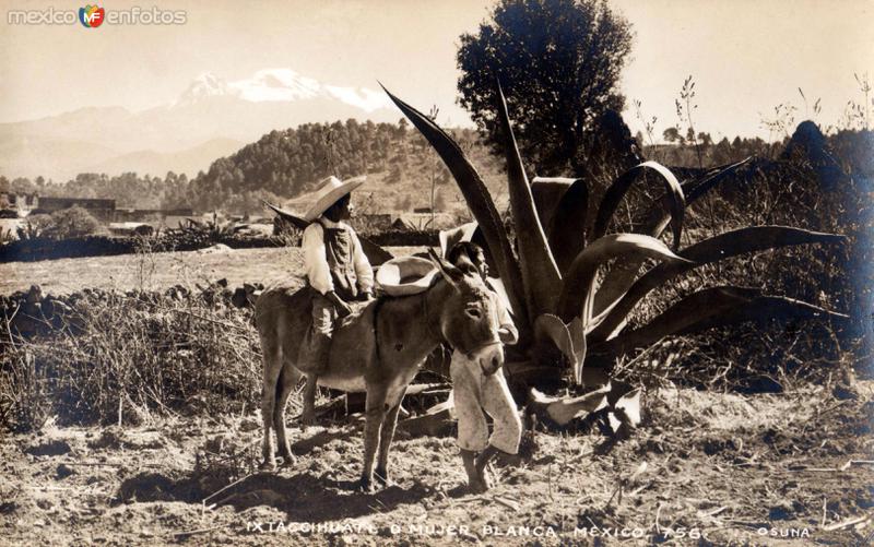 Niños con burro y Volcán Iztaccíhuatl