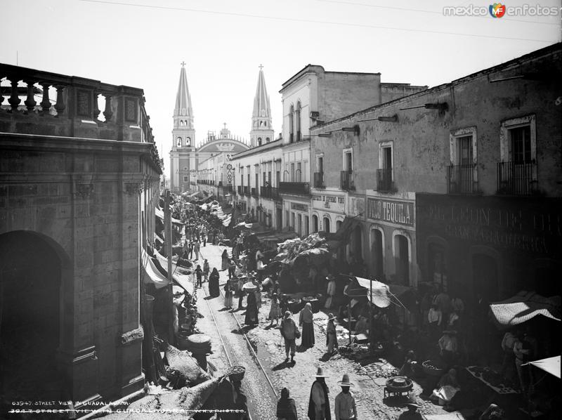 Vista de la Avenida Hidalgo y el Mercado Ramón Corona (por William Henry Jackson, c. 1887)