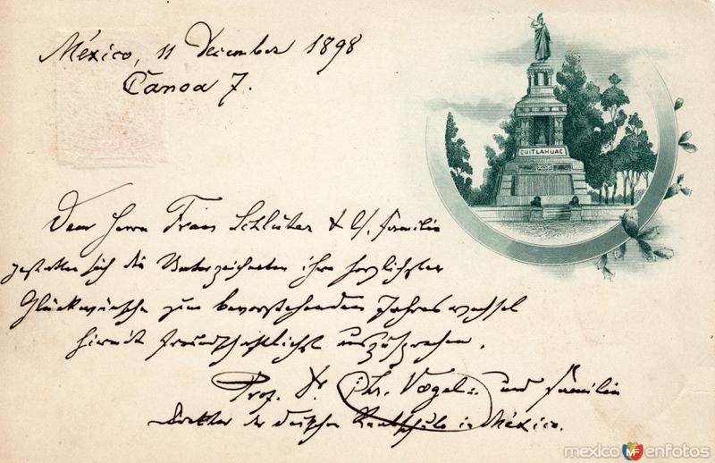Postal del Monumento a Cuauhtémoc (1898)
