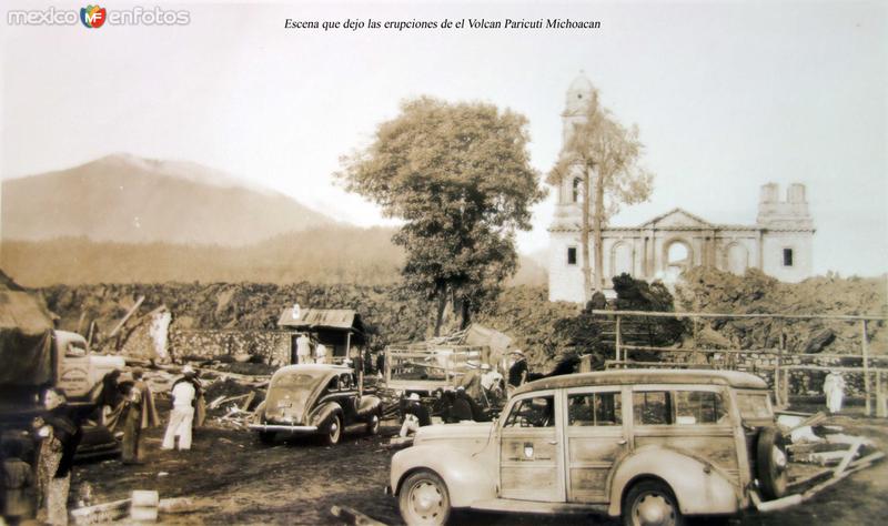 Escena después de la erupción del volcán Paricutín, en Michoacán (circa 1945)