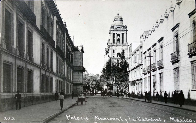 La Catedral y Palacio Nacional visto desde la calle de Moneda.