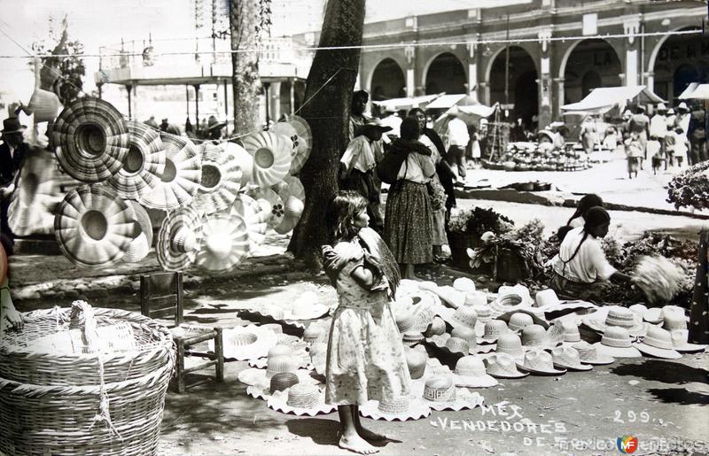 Tipos mexicanos vendedores de sombreros. ( Circulada el 29 de Noviembre de 1935 ).