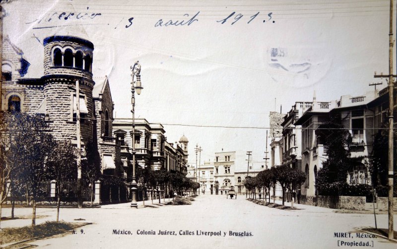 Colonia Juarez calles de Liverpool y Bruselas.( Circulada el 13 de Abril de 1913 ).