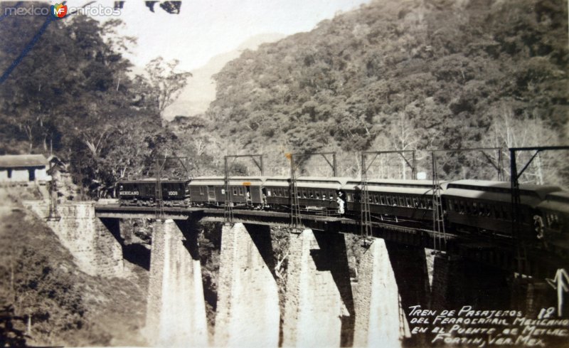 Tren de pasajeros en el puente de Metlac.