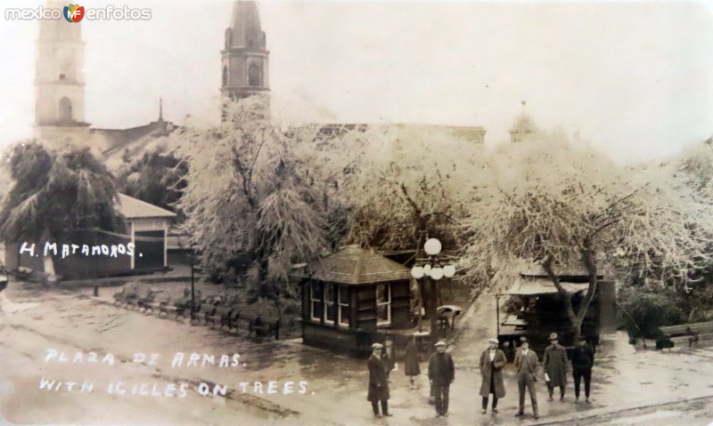 La Plaza de Armas con nieve en los arboles.