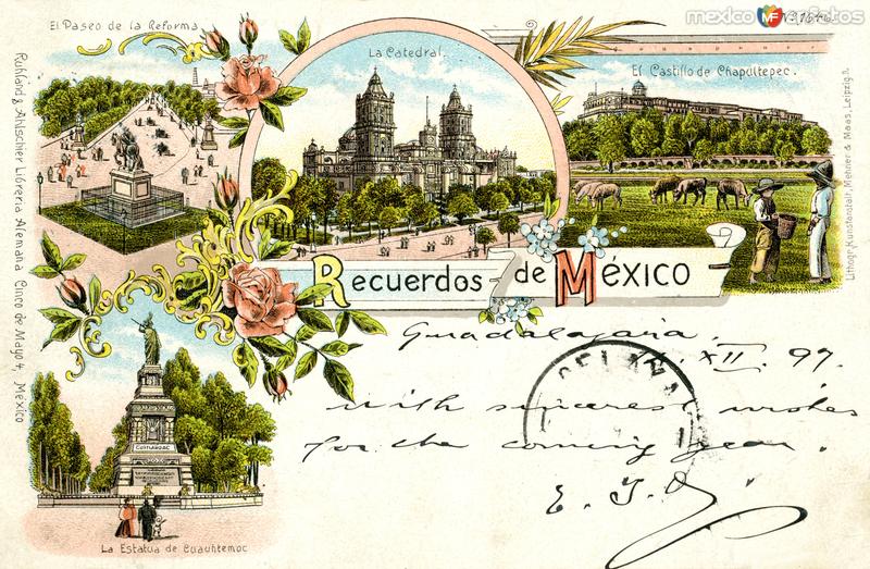 Tarjeta postal con vista múltiples de la Ciudad de México (circulada en 1897)