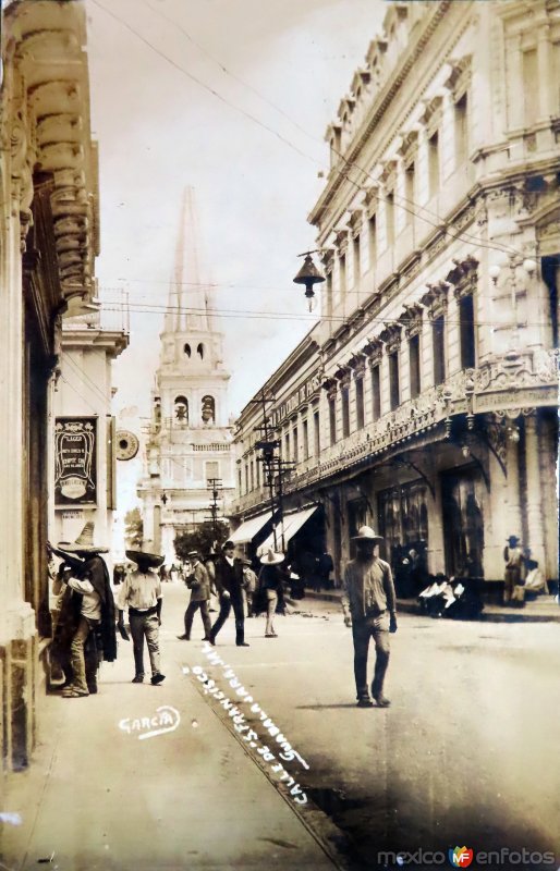 Fotos de Guadalajara, Jalisco: Calle de San Francisco  ( Circulada el 14 de Agosto de 1908 ).