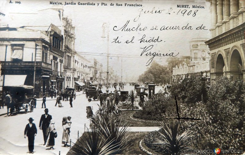 Fotos de Jardín Guardiola, Ciudad De México: Jardin Guardiola y puente de San Francisco por el Fotógrafo Félix Miret.( Circulada el 2  de Julio de 1908 ).
